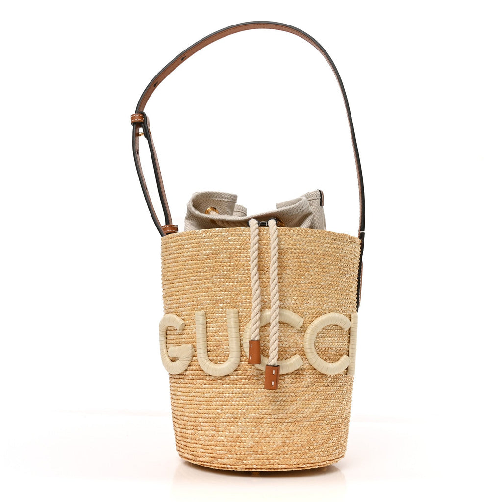 Straw Calfskin Small Logo Bucket Bag Natural Tan wholesalehk.shop
