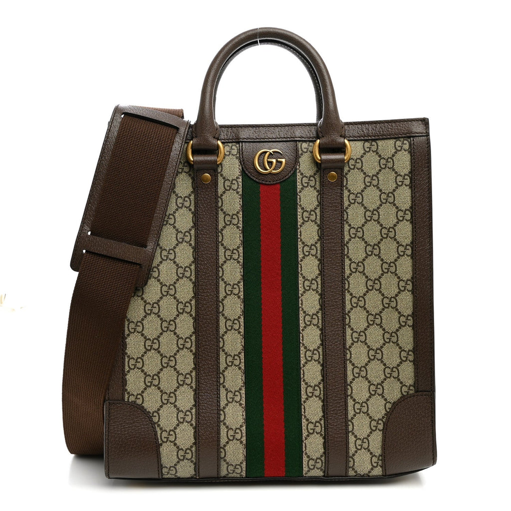 GG Supreme Monogram Textured Dollar Calfskin Web Medium Ophidia Tote Bag Beige Ebony wholesalehk.shop