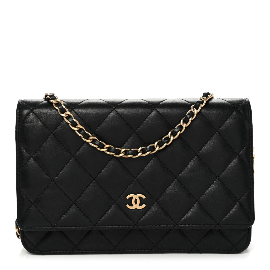 Lambskin Quilted Wallet On Chain WOC Black wholesalehk.shop
