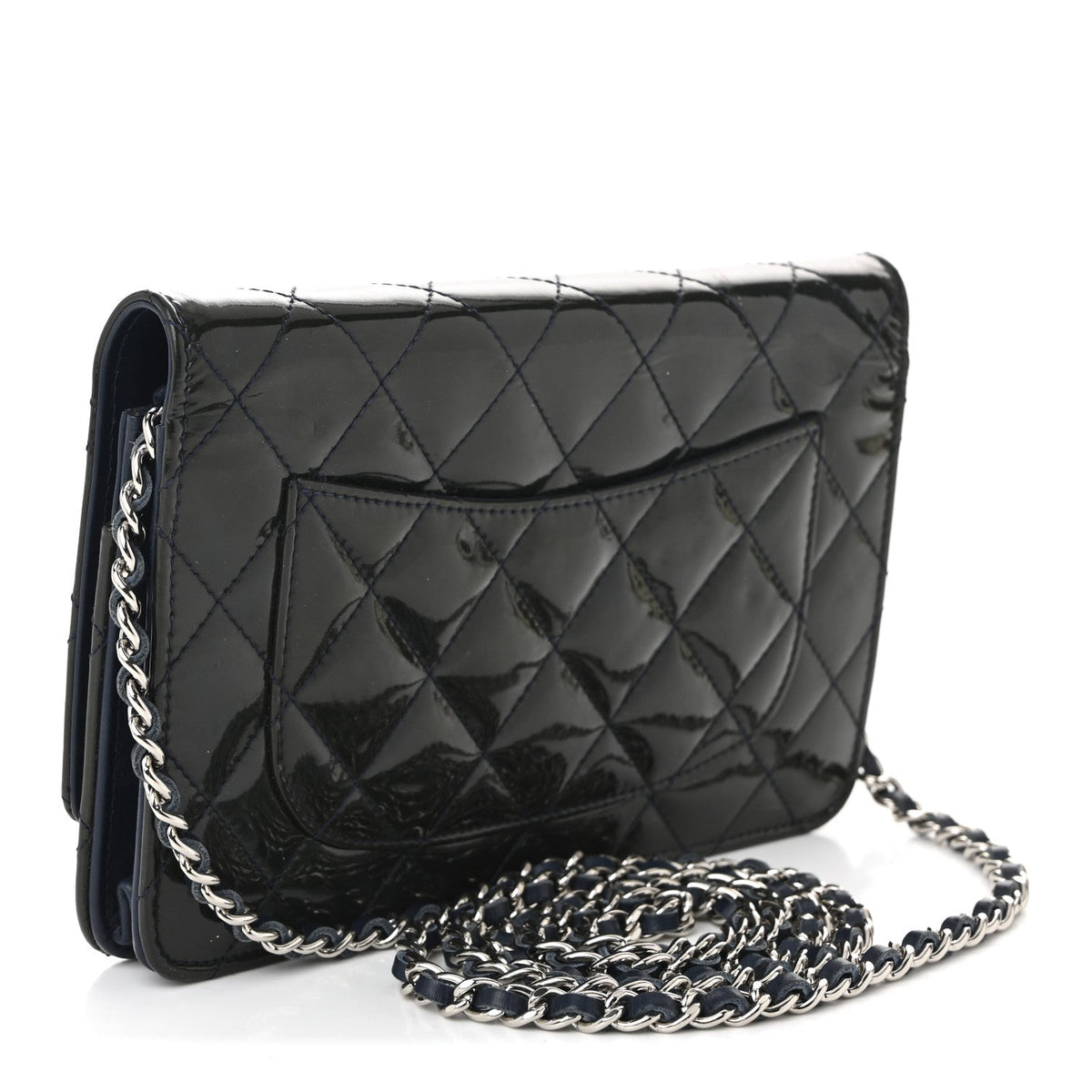 Patent Quilted Wallet On Chain WOC Navy Blue wholesalehk.shop