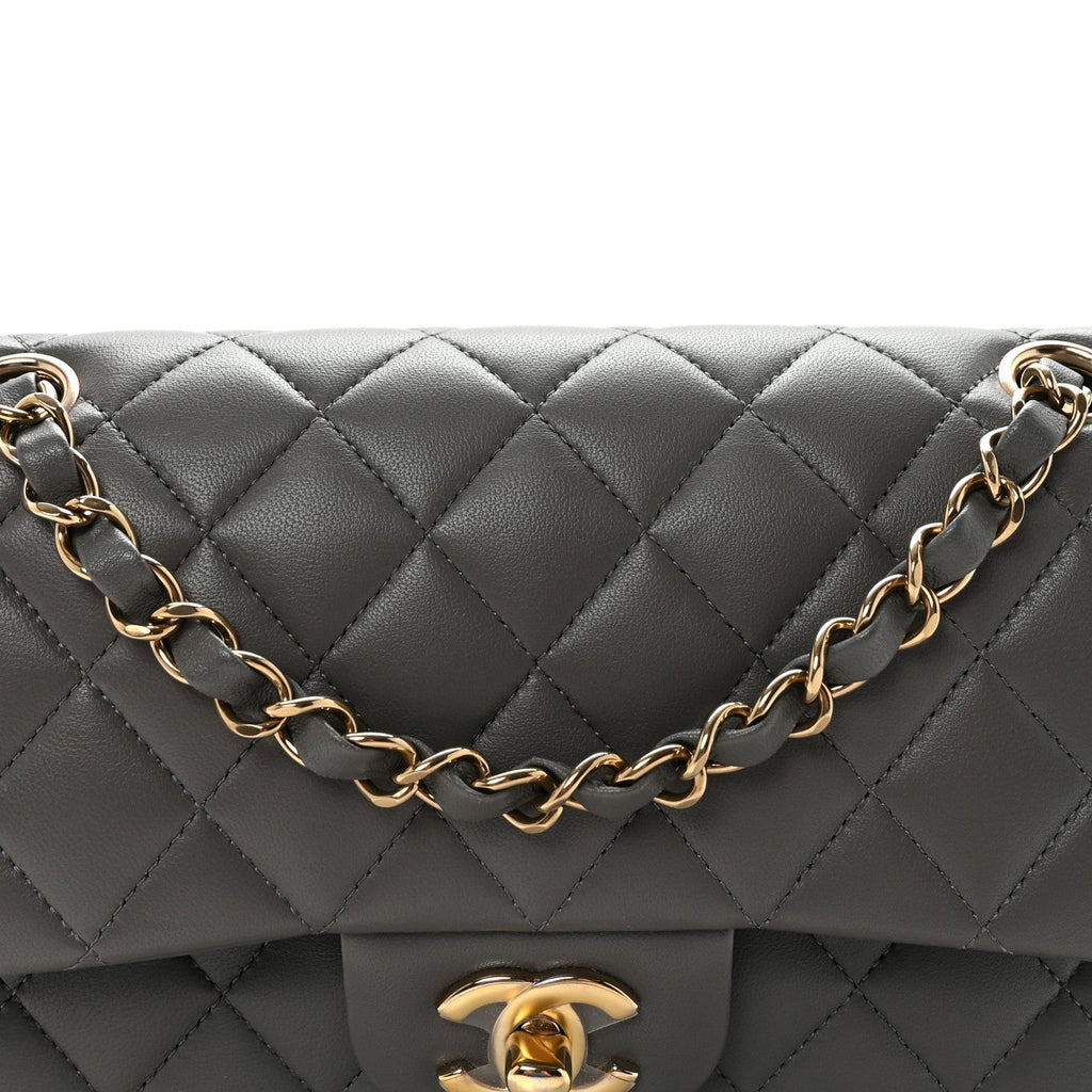 Lambskin Quilted Small Double Flap Grey wholesalehk.shop
