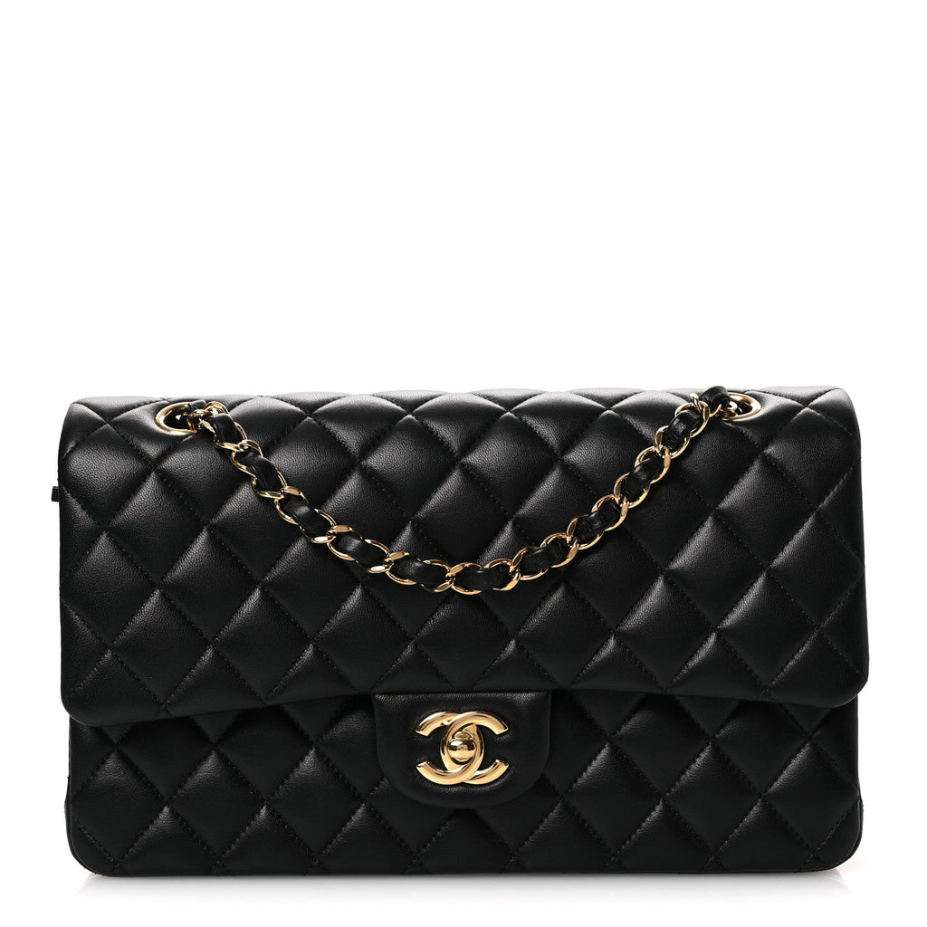 Lambskin Quilted Medium Double Flap Black wholesalehk.shop