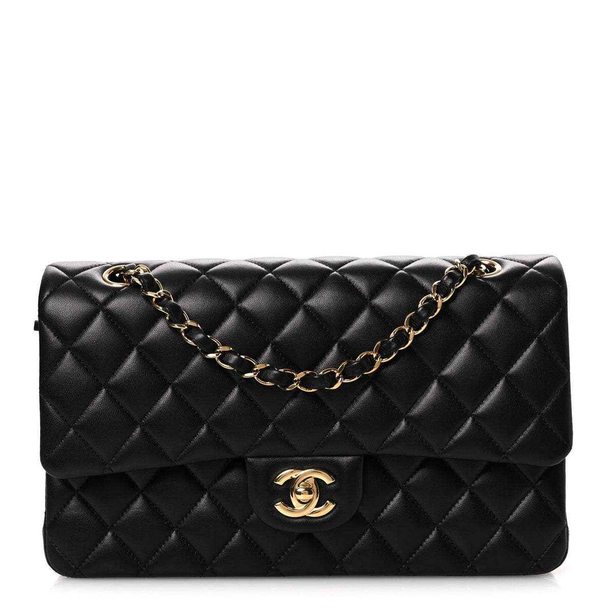 Lambskin Quilted Medium Double Flap Black wholesalehk.shop