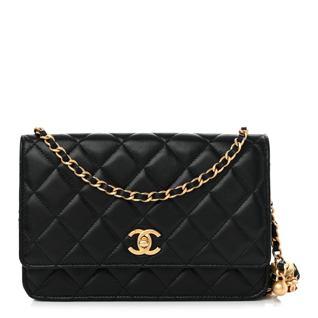 Lambskin Quilted CC Pearl Crush Wallet on Chain WOC Black wholesalehk.shop