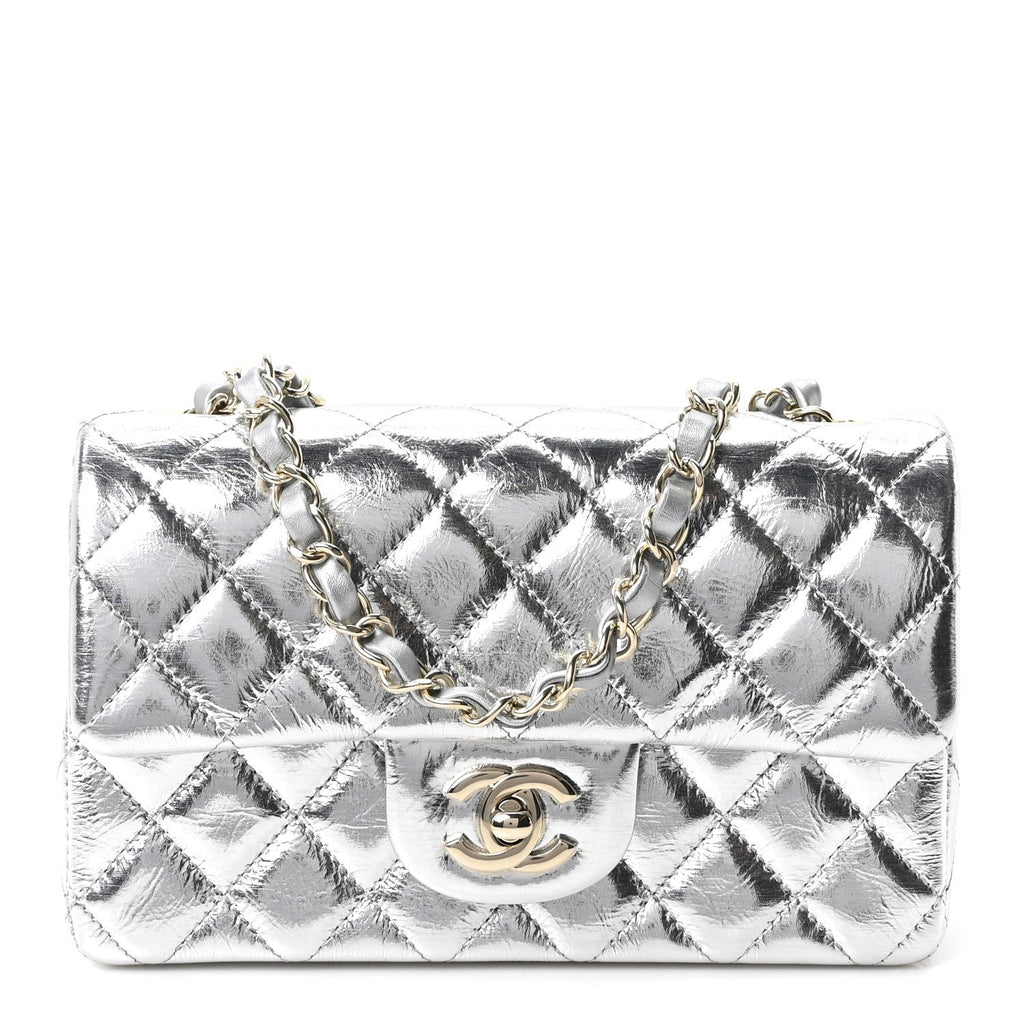 Hammered Metallic Calfskin Quilted Small Double Flap Silver wholesalehk.shop
