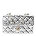 Hammered Metallic Calfskin Quilted Small Double Flap Silver wholesalehk.shop
