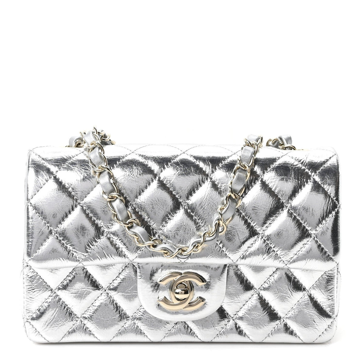 Hammered Metallic Calfskin Quilted Small Double Flap Silver wholesalehk.shop