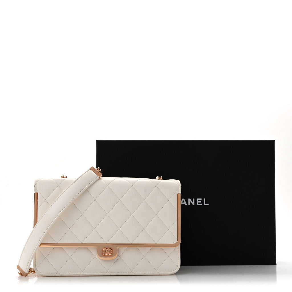Lambskin Quilted Frame Wallet On Chain WOC White wholesalehk.shop