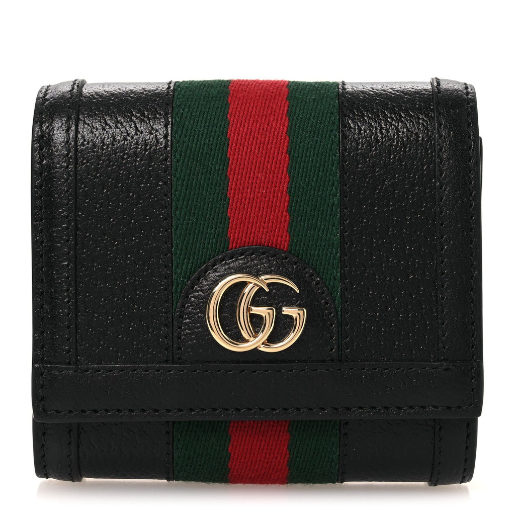 Textured Dollar Calfskin Web Ophidia Card Case Wallet Black wholesalehk.shop