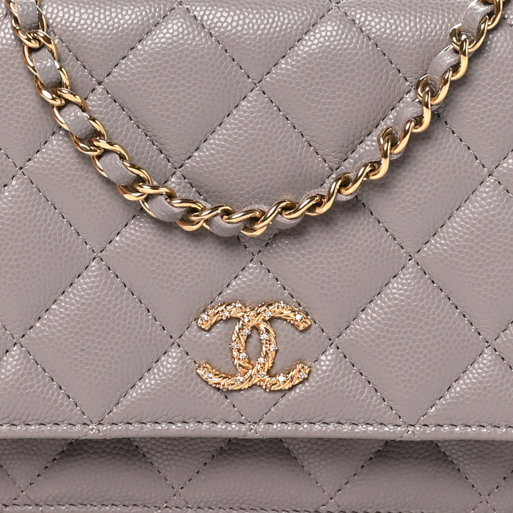 Grained Calfskin Quilted Strass CC Wallet On Chain WOC Dark Grey wholesalehk.shop