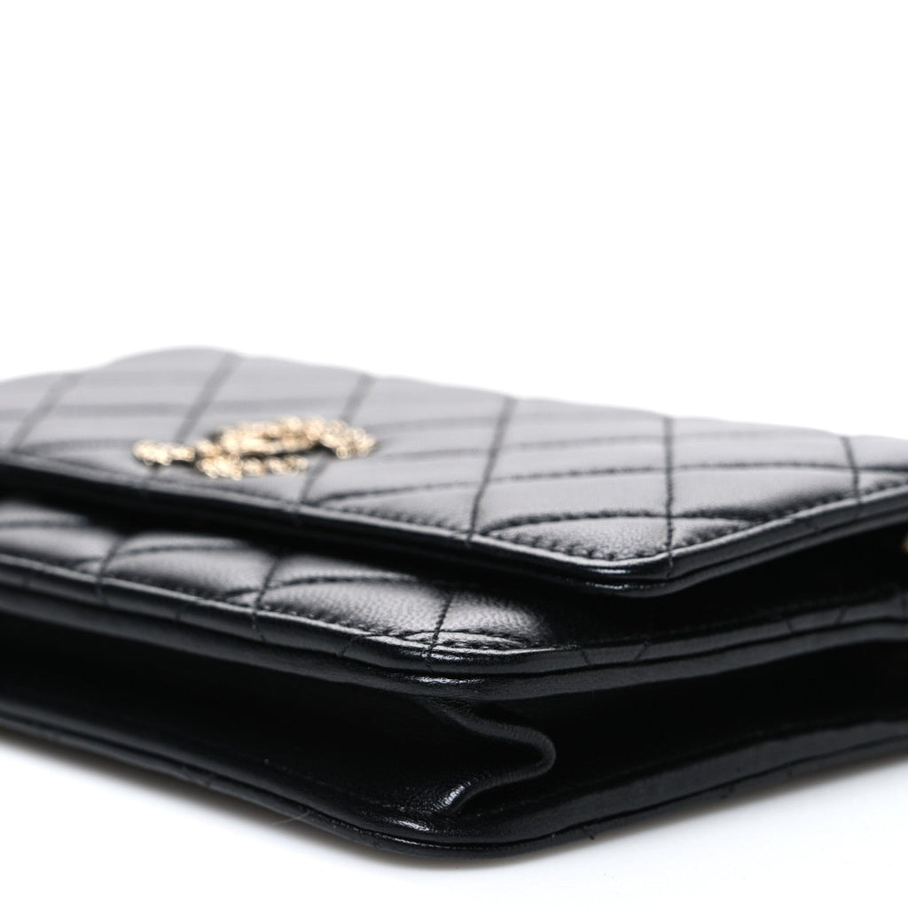 Lambskin Quilted Crystal CC Wallet On Chain WOC Black wholesalehk.shop