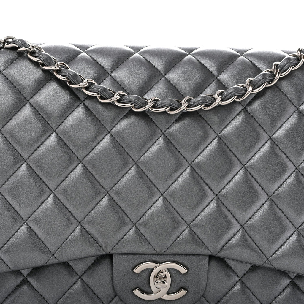 Metallic Lambskin Quilted Maxi Double Flap Pewter wholesalehk.shop