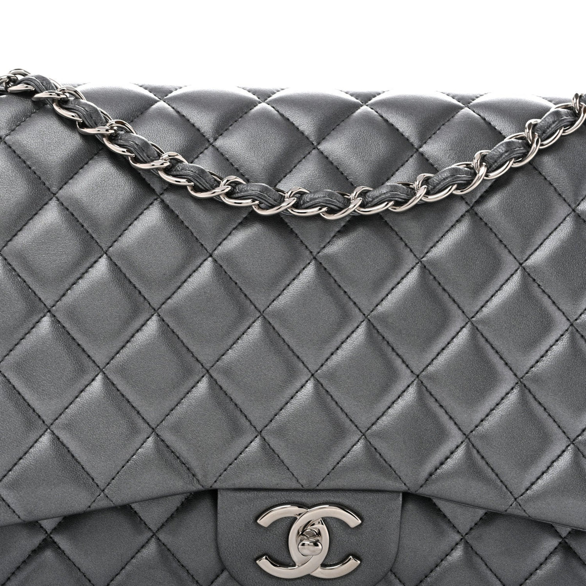 Metallic Lambskin Quilted Maxi Double Flap Pewter wholesalehk.shop