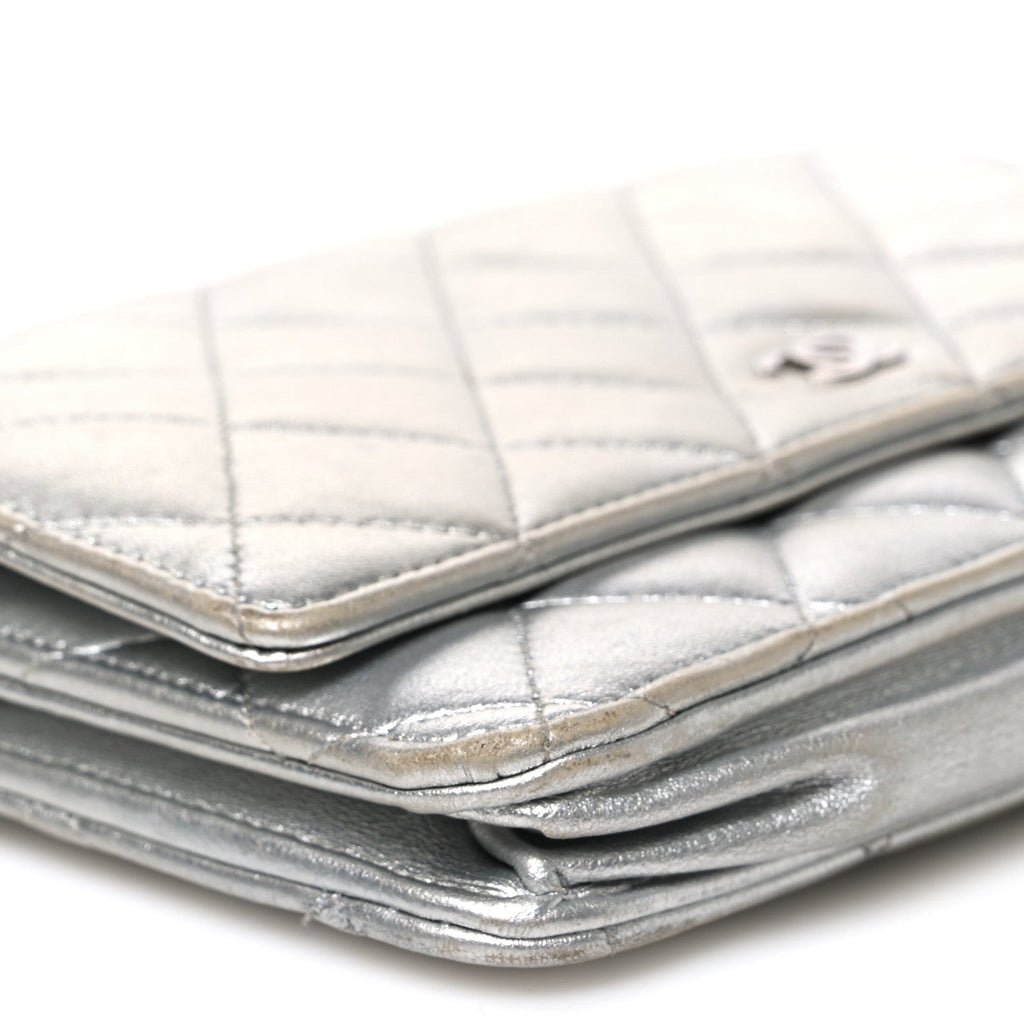 Metallic Lambskin Quilted Wallet On Chain WOC Silver wholesalehk.shop
