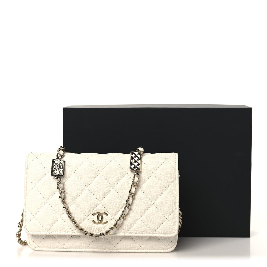 Shiny Caviar Quilted Flap Charm Wallet On Chain WOC White wholesalehk.shop