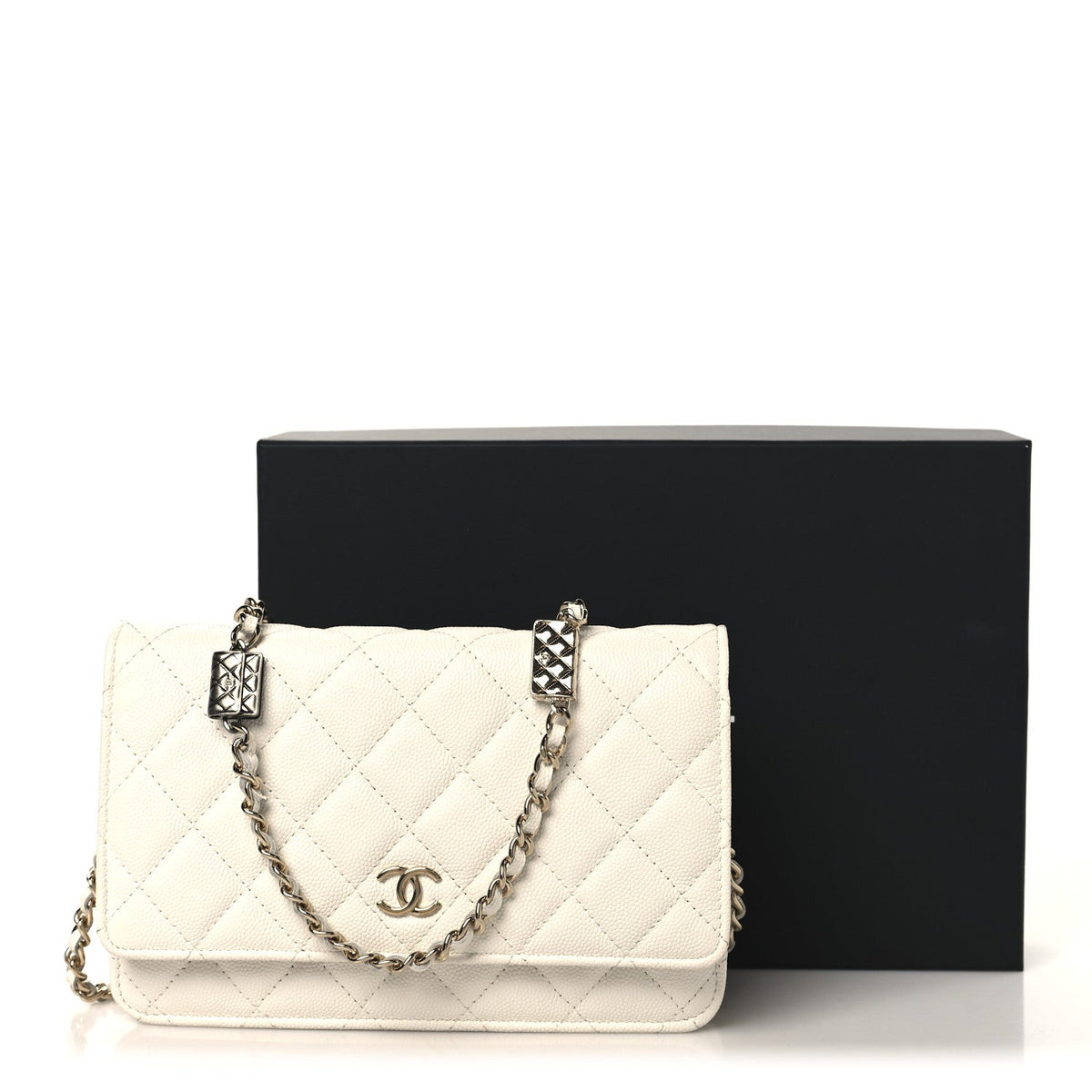 Shiny Caviar Quilted Flap Charm Wallet On Chain WOC White wholesalehk.shop