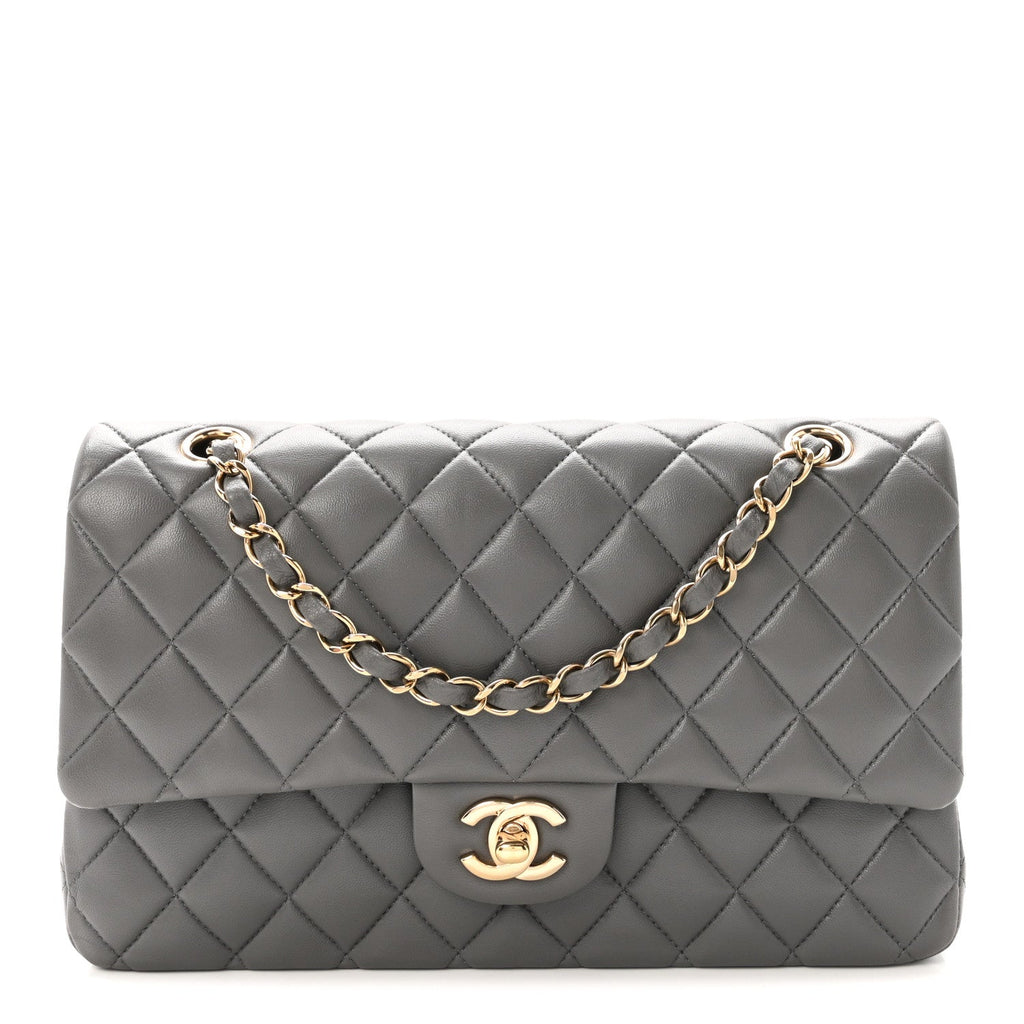 Lambskin Quilted Medium Double Flap Grey wholesalehk.shop