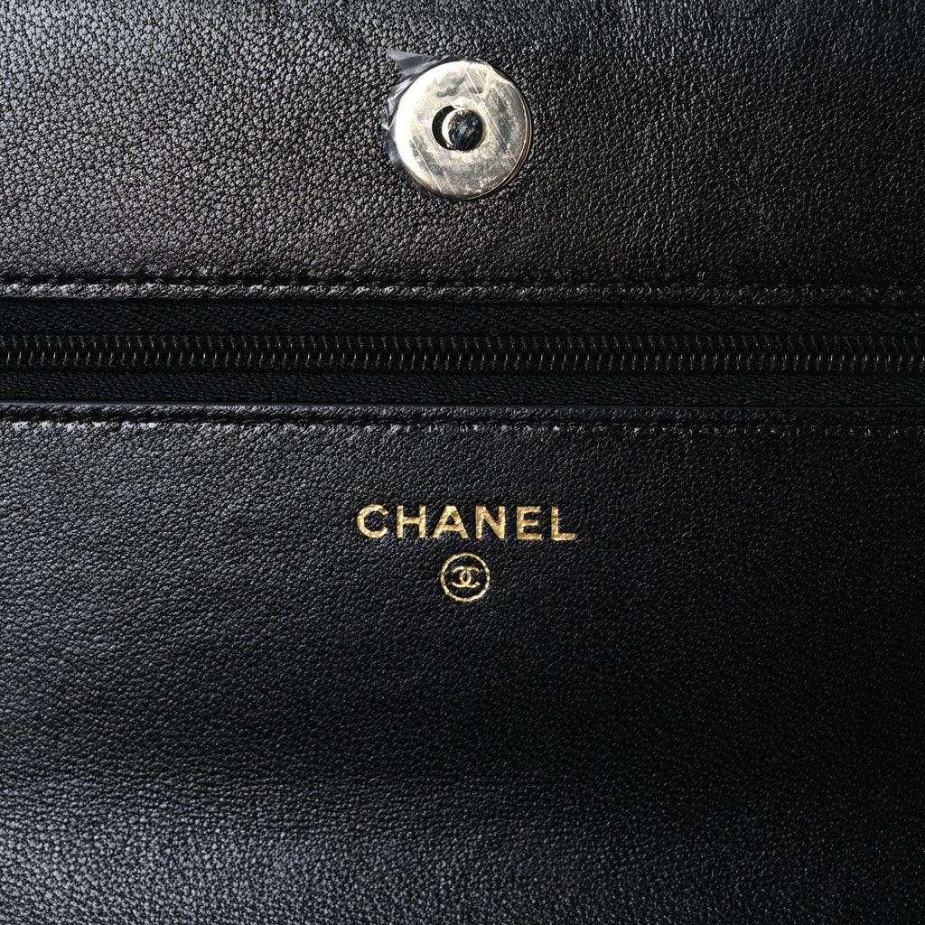 Lambskin Quilted Crystal CC Wallet On Chain WOC Black wholesalehk.shop
