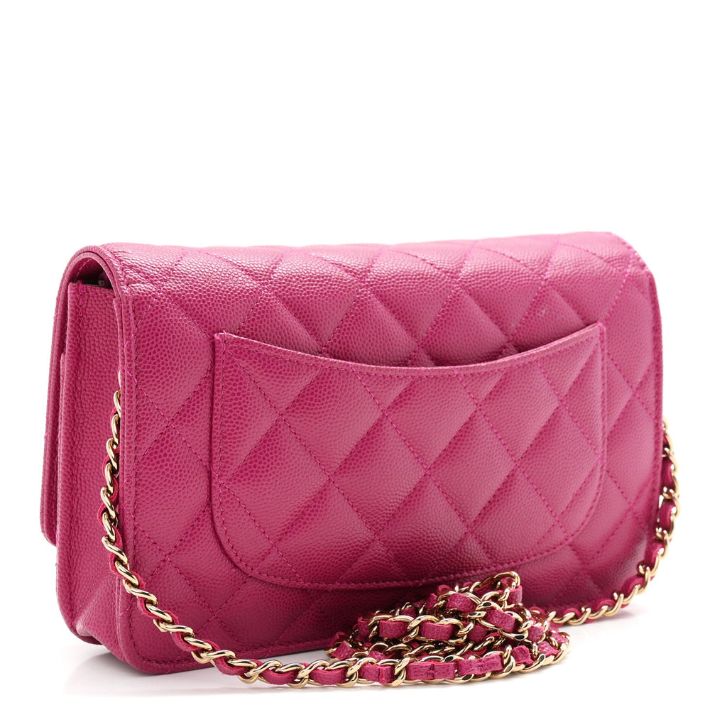 Caviar Quilted Chain Embossed CC Wallet On Chain WOC Fuchsia wholesalehk.shop