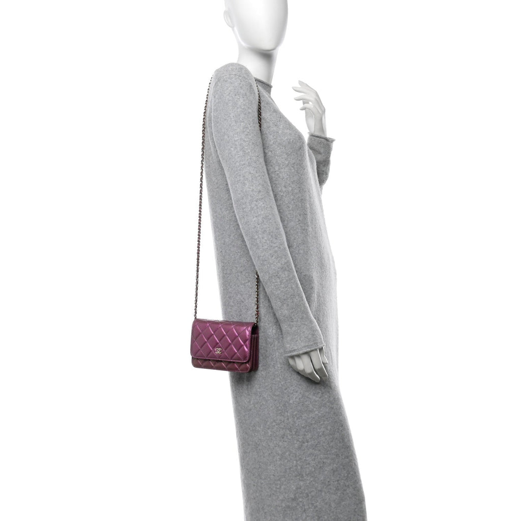 Iridescent Lambskin Quilted Mini Wallet On Chain WOC Purple wholesalehk.shop