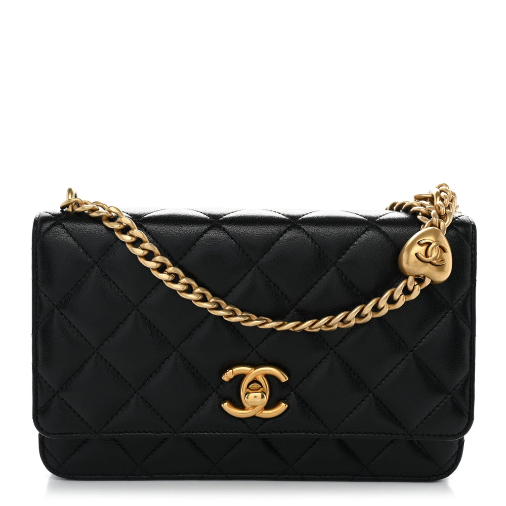 Lambskin Quilted Sweetheart Wallet On Chain WOC Black wholesalehk.shop