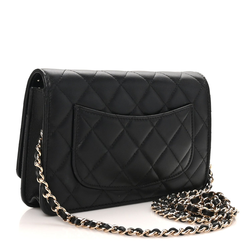 Lambskin Quilted Pearl CC Wallet on Chain WOC Black wholesalehk.shop