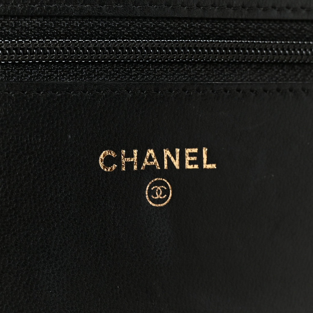 Lambskin Camellia Embossed Wallet On Chain WOC Black Gold wholesalehk.shop
