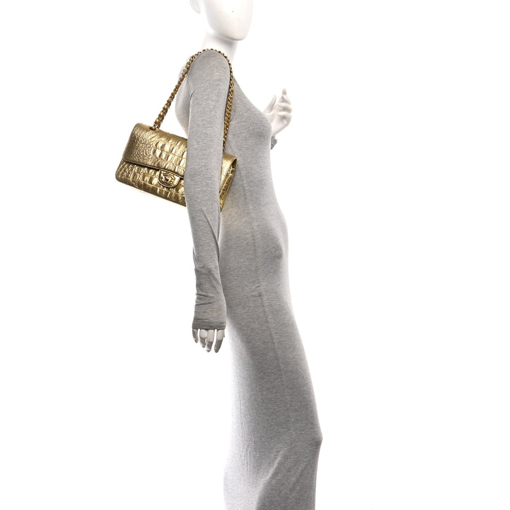 Metallic Calfskin Crocodile Embossed Cocodile Medium Double Flap Gold wholesalehk.shop