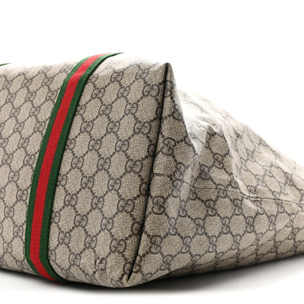 Tender GG Supreme Monogram Textured Dollar Calfskin Web Tote Beige Ebony New Acero wholesalehk.shop