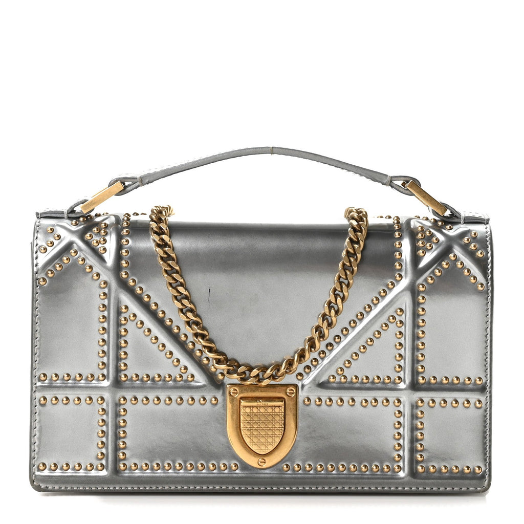 Metallic Patent Studded Diorama Top Handle Wallet on Chain Pouch Silver ¡§ Direct shipment via from wholesalehk.shop