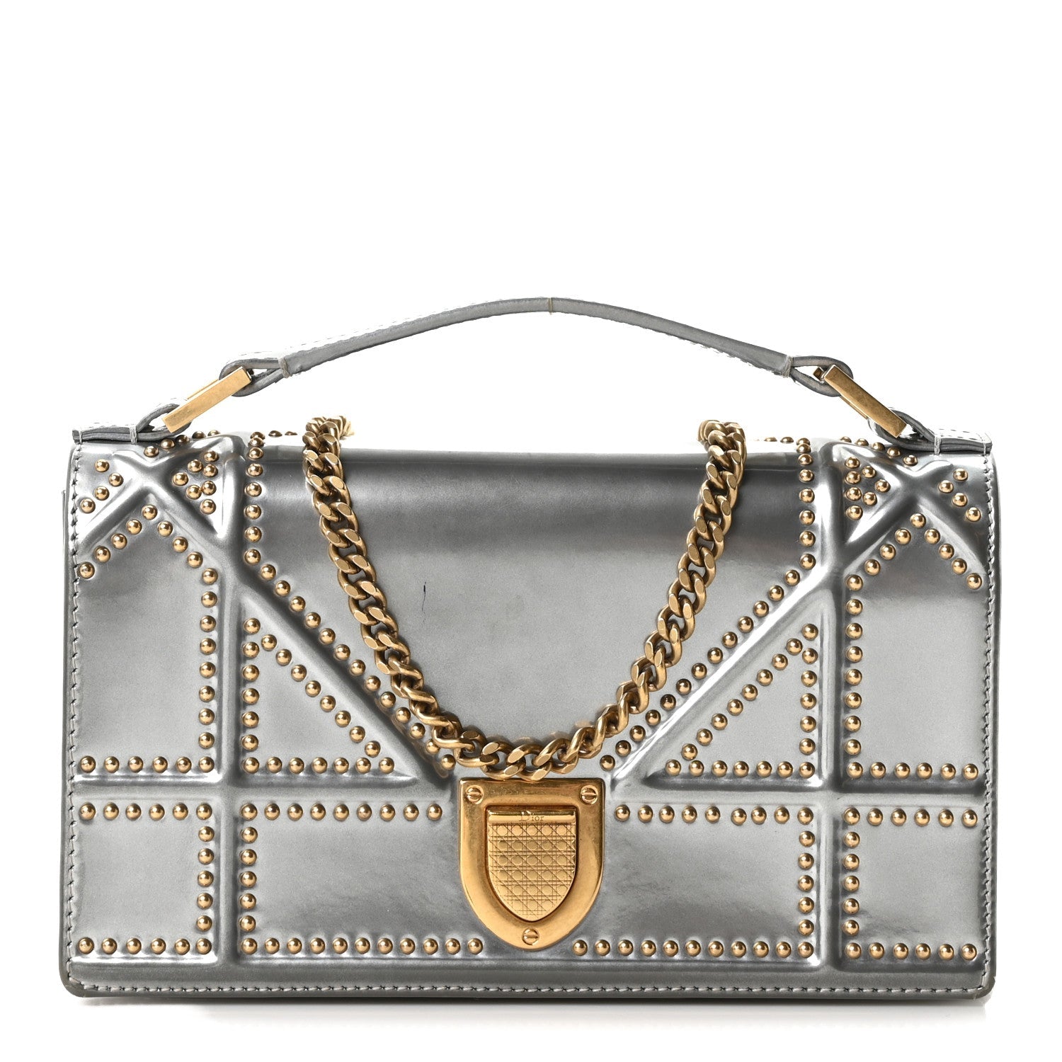 Metallic Patent Studded Diorama Top Handle Wallet on Chain Pouch Silver ¡§ Direct shipment via from wholesalehk.shop