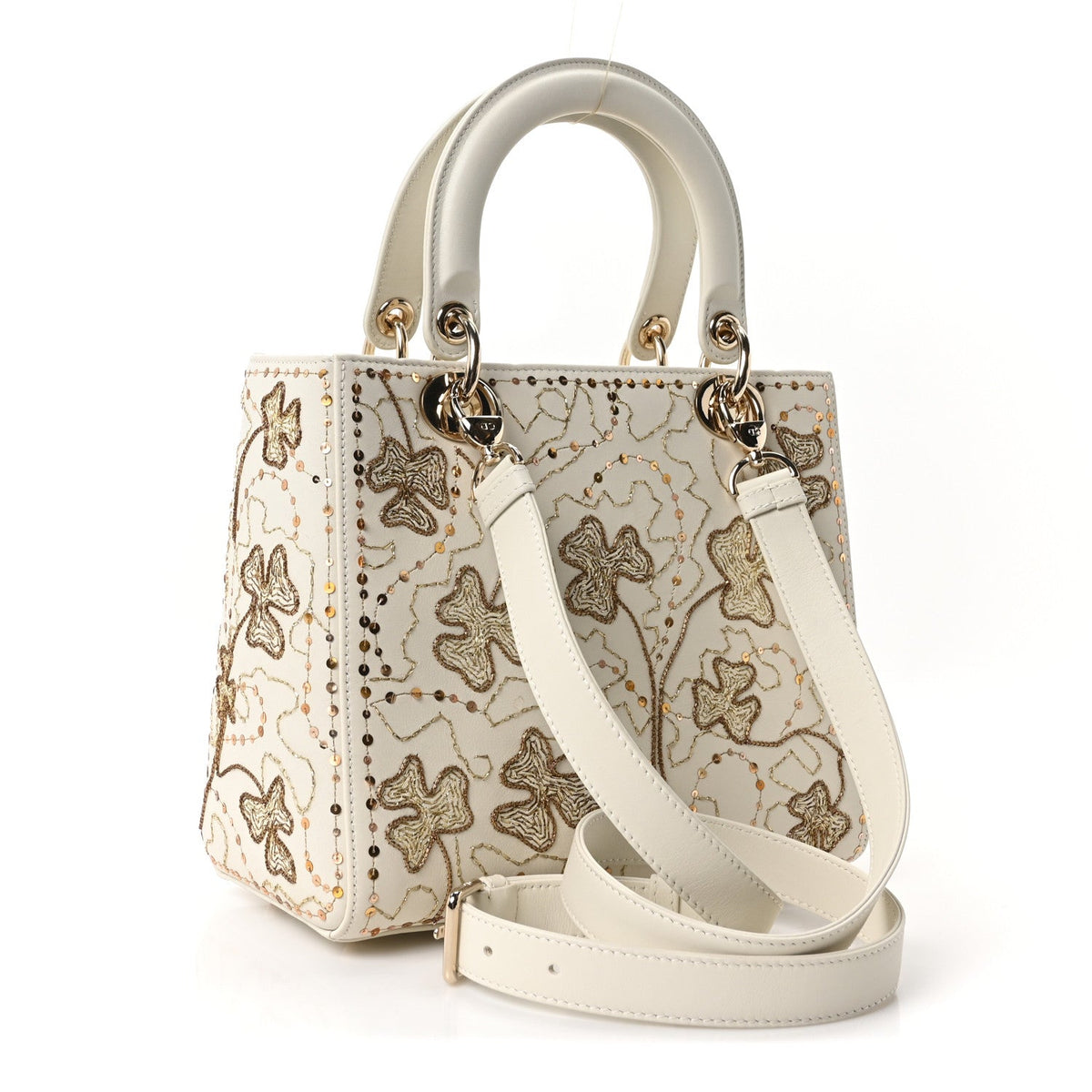 Smooth Calfskin Sequin Embroidered Clover Medium Lady Dior White wholesalehk.shop