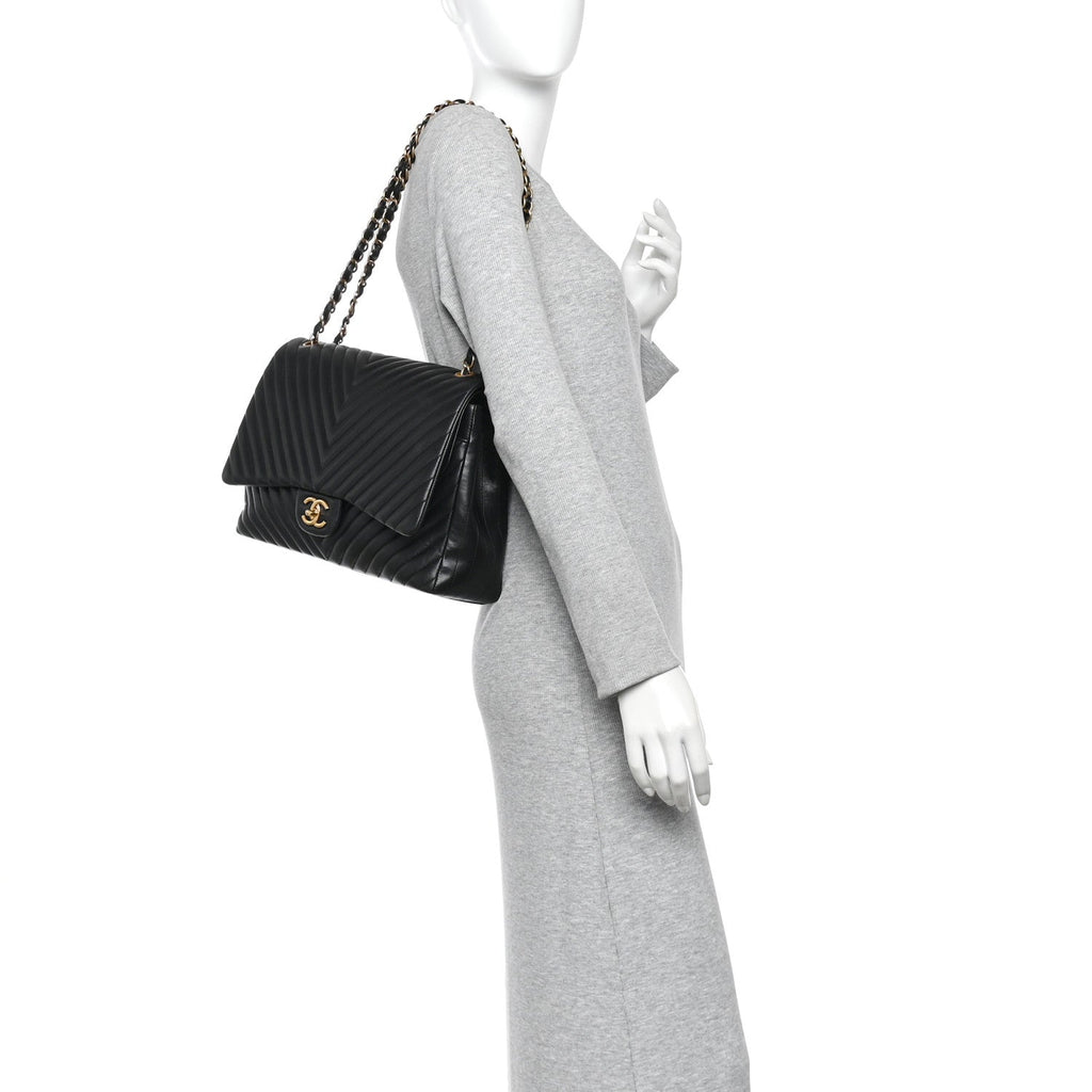Lambskin Chevron Quilted Maxi Double Flap Black wholesalehk.shop