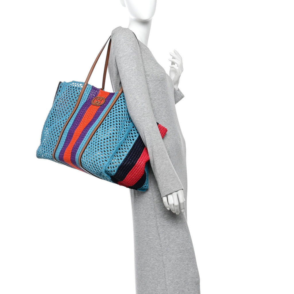 Raffia Web Woven Interlocking G Tote Blue Multicolor wholesalehk.shop