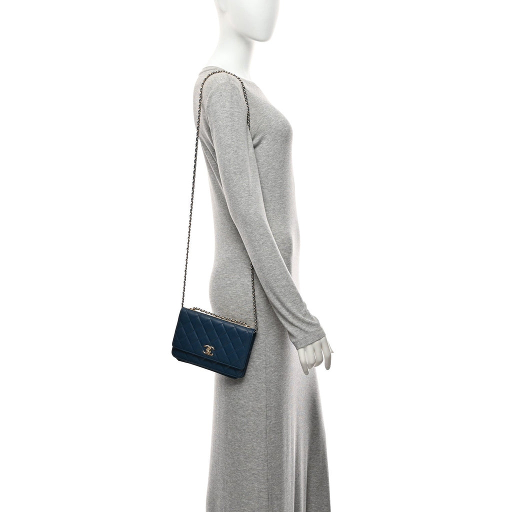 Lambskin Quilted Trendy CC Wallet On Chain WOC Blue wholesalehk.shop