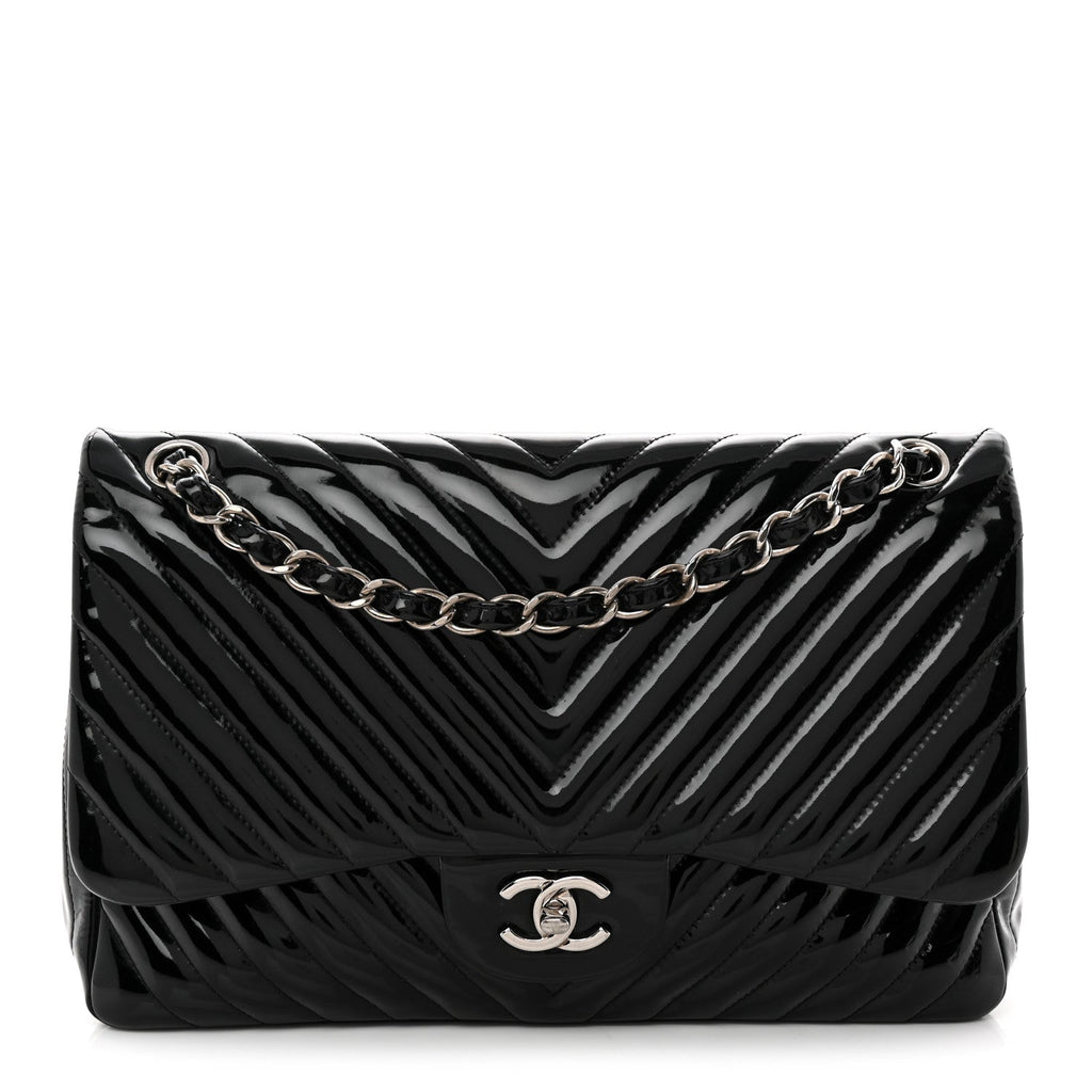 Patent Chevron Quilted Jumbo Double Flap Black wholesalehk.shop