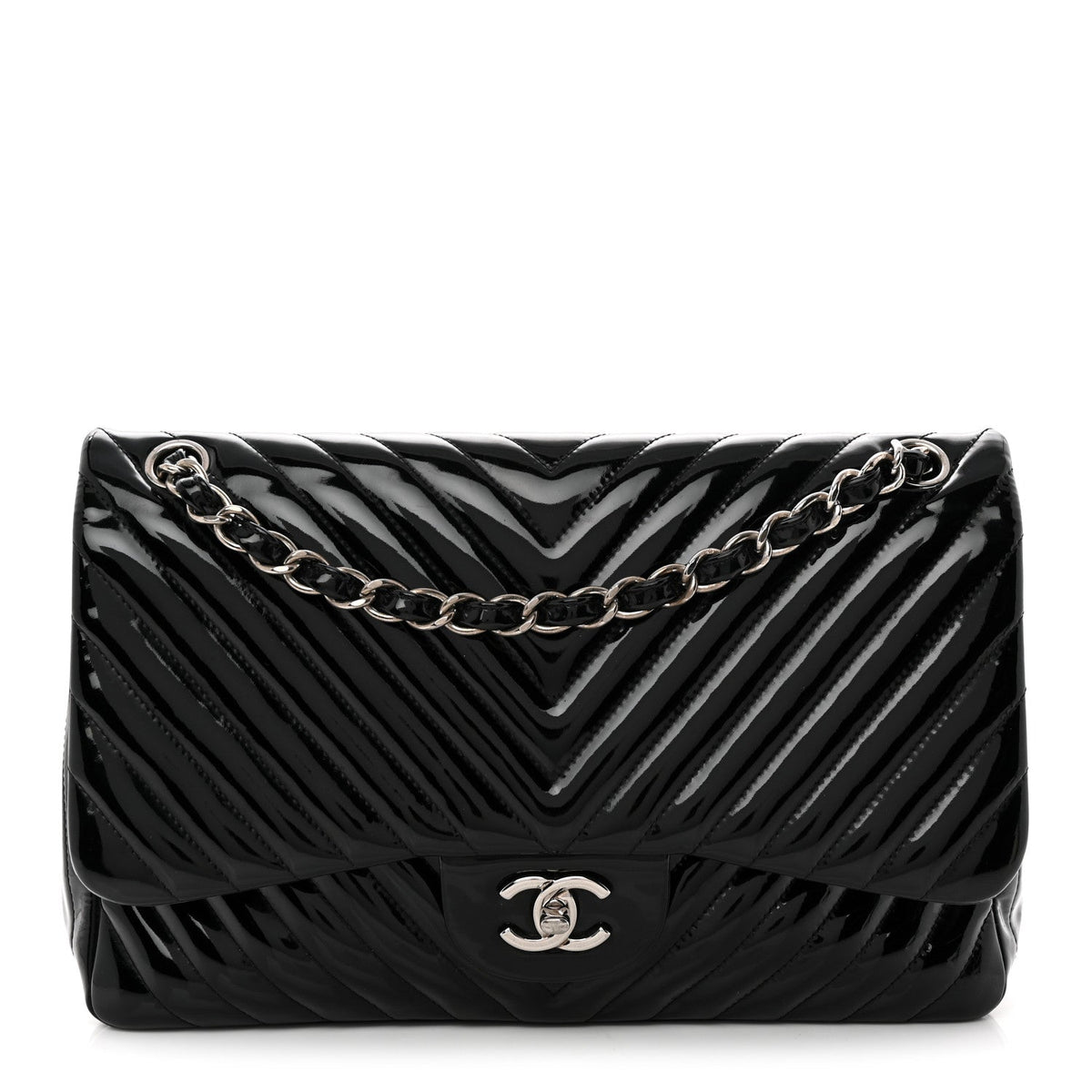 Patent Chevron Quilted Jumbo Double Flap Black wholesalehk.shop