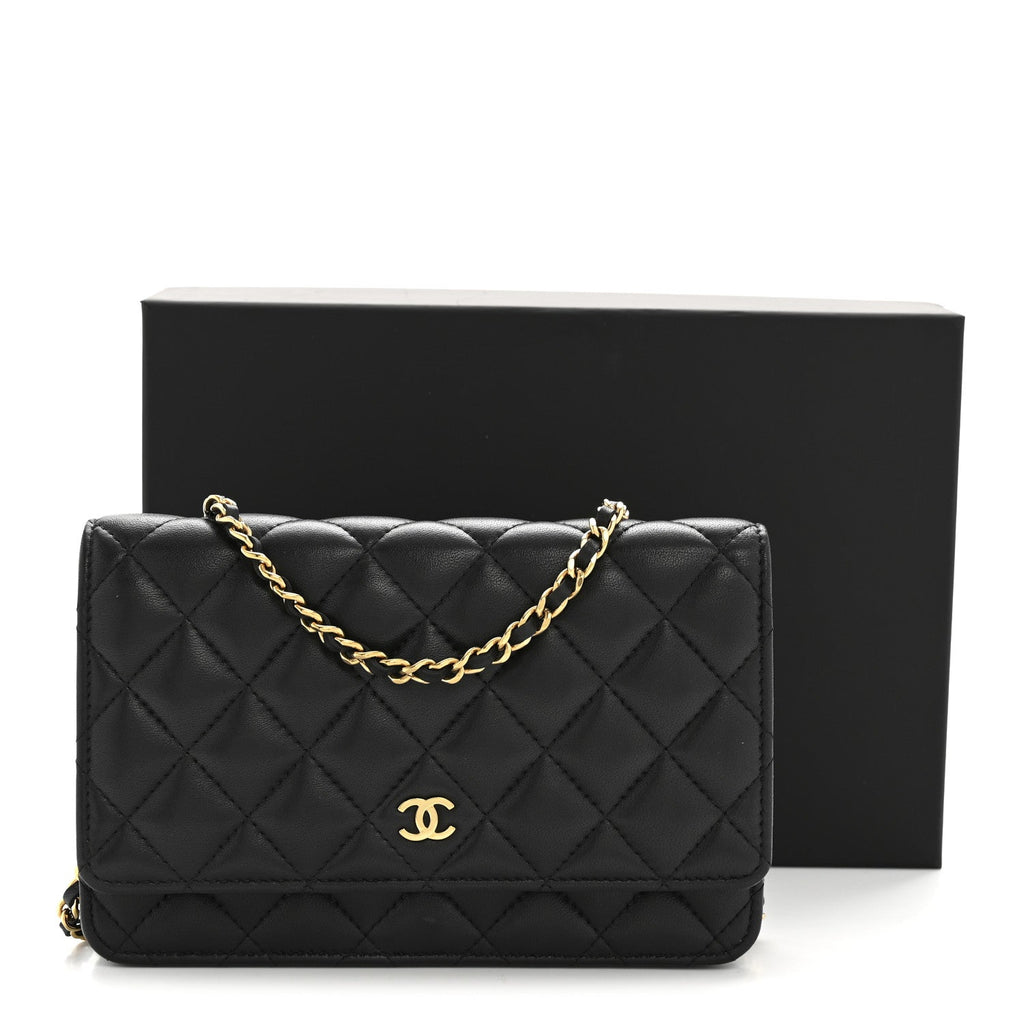 Lambskin Quilted Wallet On Chain WOC Black wholesalehk.shop