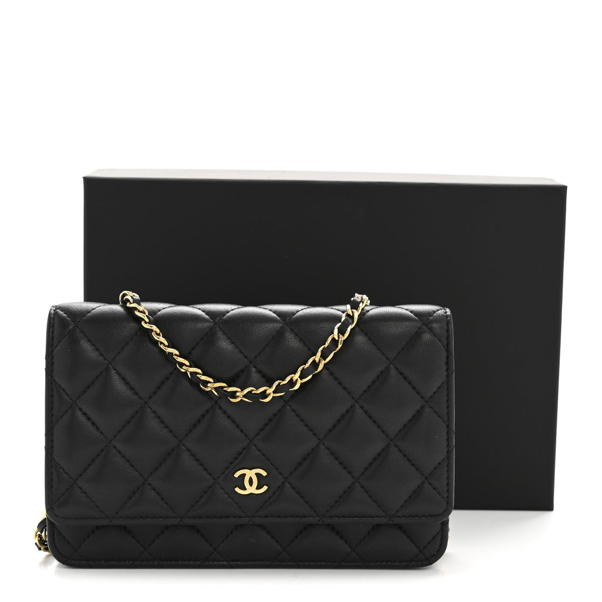 Lambskin Quilted Wallet On Chain WOC Black wholesalehk.shop