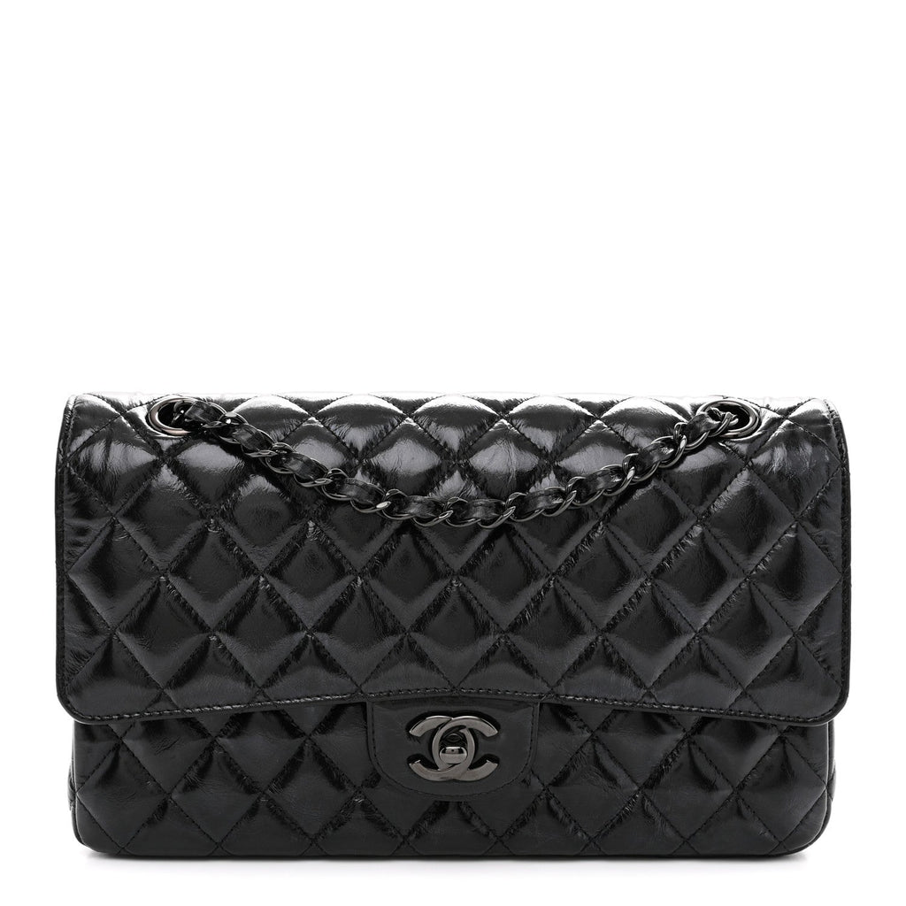 Shiny Crumpled Calfskin Quilted Medium Double Flap So Black wholesalehk.shop