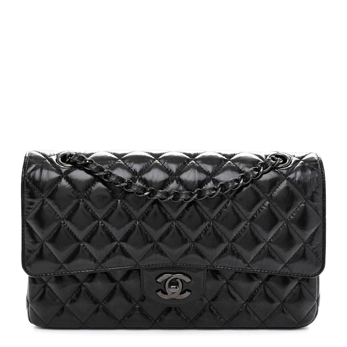 Shiny Crumpled Calfskin Quilted Medium Double Flap So Black wholesalehk.shop