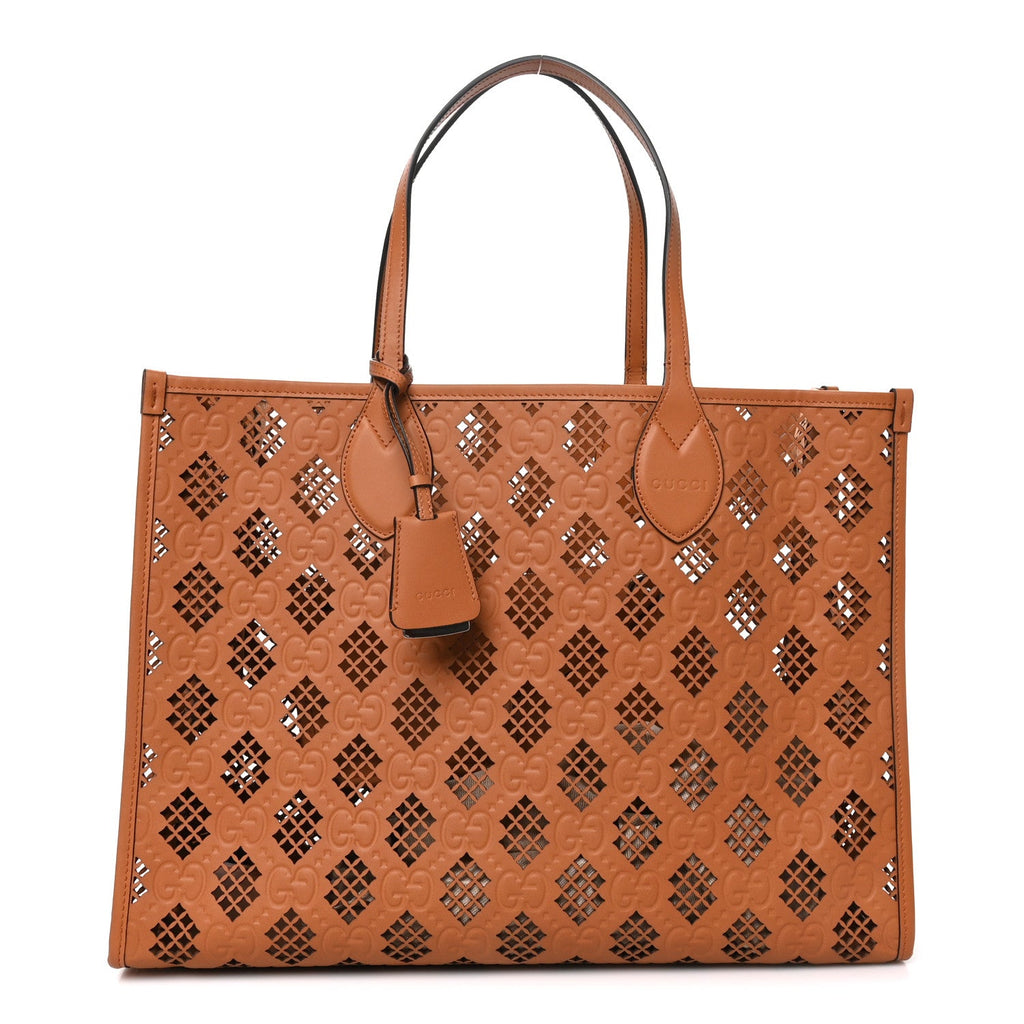 Calfskin GG Monogram Diamond Cut Medium Ophidia Tote Bag Brown wholesalehk.shop