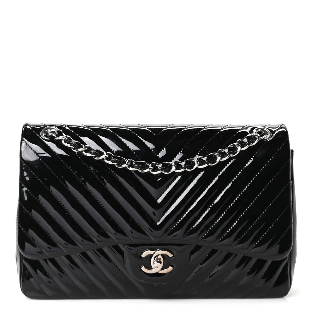 Patent Chevron Quilted Jumbo Double Flap Black wholesalehk.shop