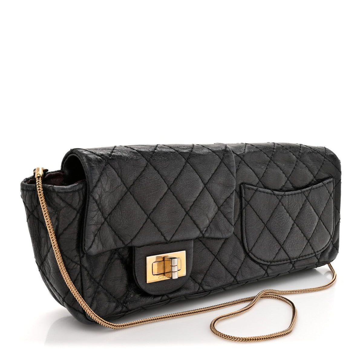 Glazed Calfskin Quilted Reissue Double Flap Clutch Black wholesalehk.shop