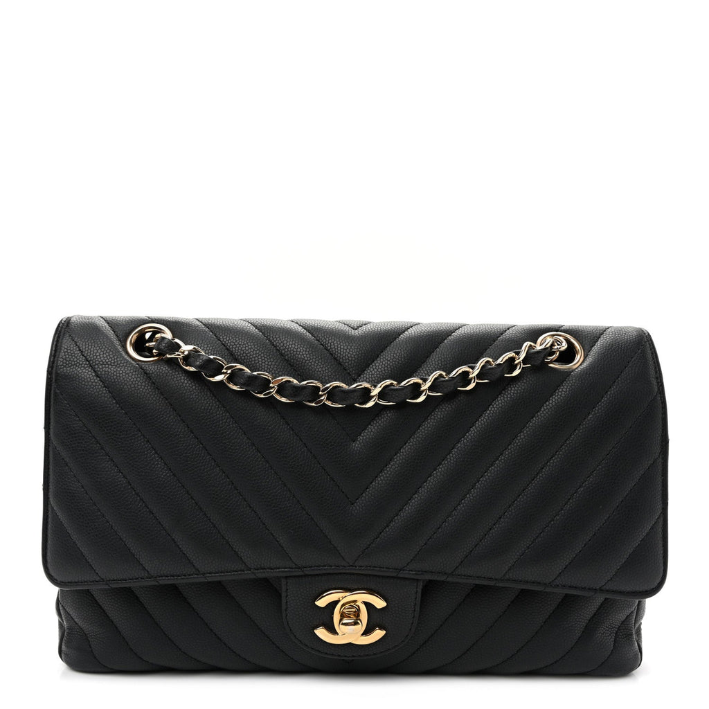 Matte Caviar Chevron Quilted Medium Double Flap Black wholesalehk.shop