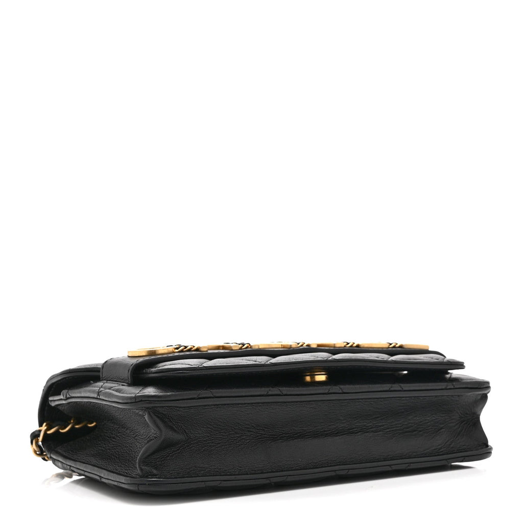 Calfskin Quilted Enchained Wallet On Chain WOC Black wholesalehk.shop