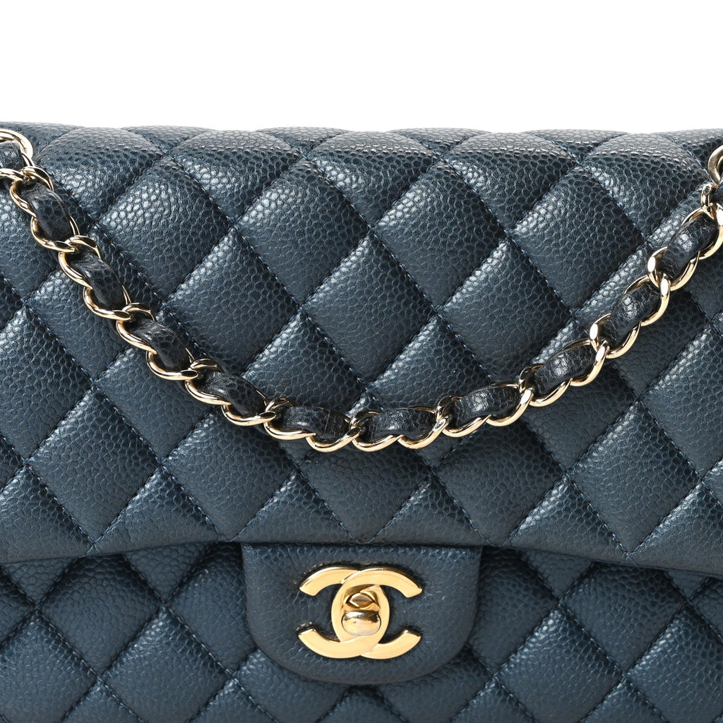 Metallic Caviar Quilted Medium Double Flap Dark Blue wholesalehk.shop