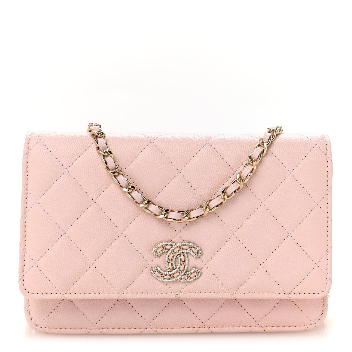 Caviar Quilted Crystal CC Wallet On Chain WOC Light Pink wholesalehk.shop