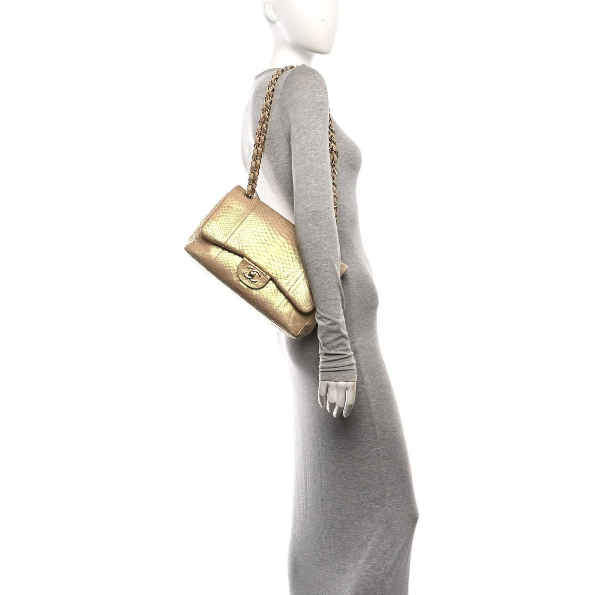 Metallic Snakeskin Jumbo Double Flap Light Beige wholesalehk.shop