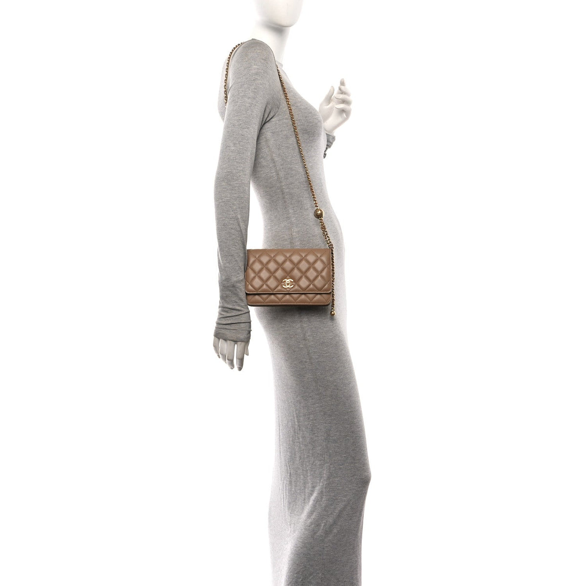 Lambskin Quilted CC Pearl Crush Wallet on Chain WOC Beige wholesalehk.shop